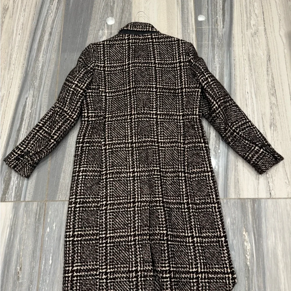 Black and White Wool Blend Pea Coat with Plaid Design - Picture 2 of 4